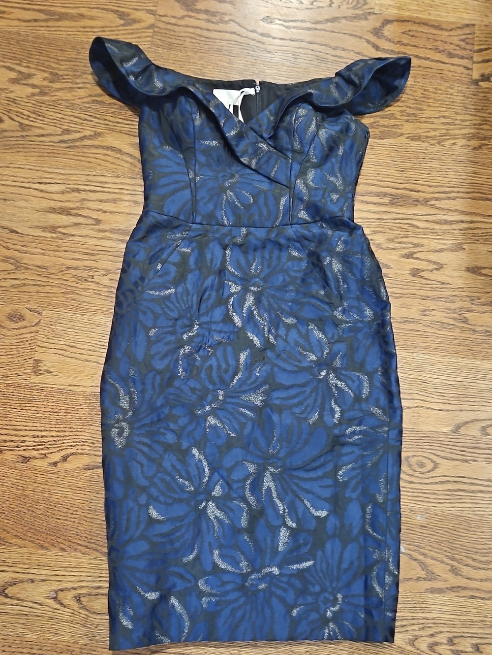 Zac Posen Navy Blue Off The Shoulder Floral Sheath Dress